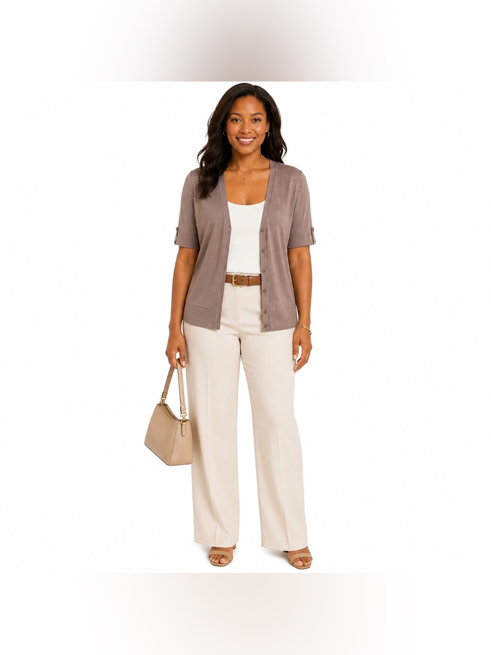 Ann Taylor Taupe Short Sleeve Button Cardigan